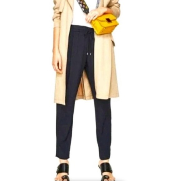 Zara tapered leg flowy pants-elastic waistband with drawstring-black-size M US - Picture 3 of 11